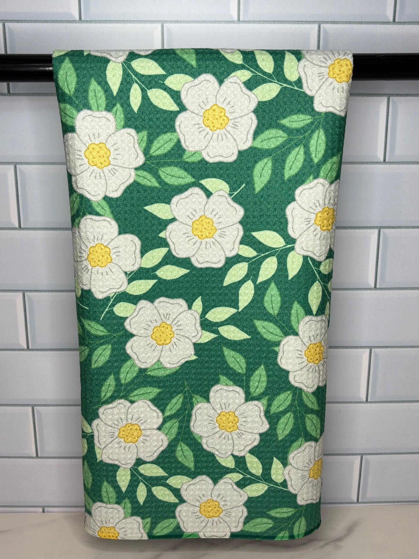 White and Green Floral Towel
