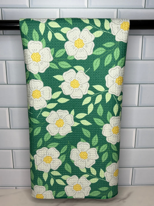 White and Green Floral Towel
